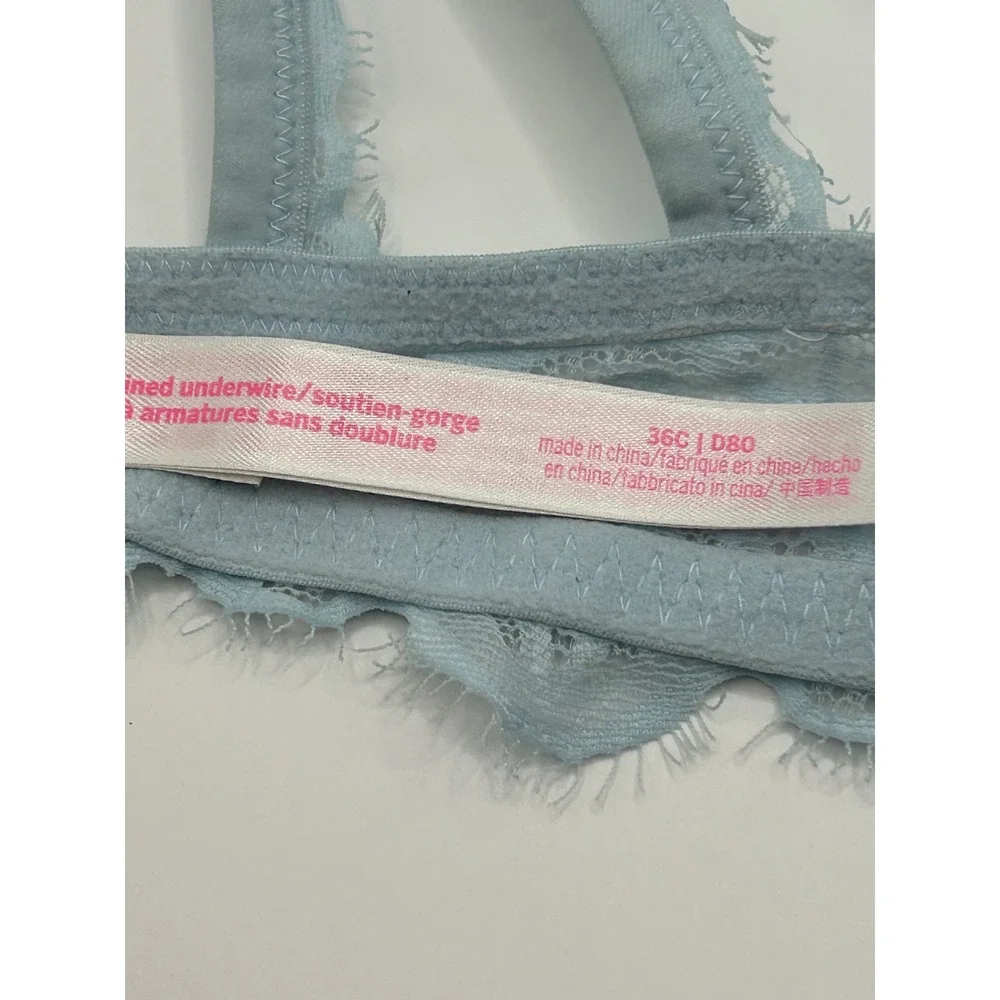 Victoria's Secret PINK Light Blue Lace Unlined Underwire‎ Bra 36C Eyelash Trim